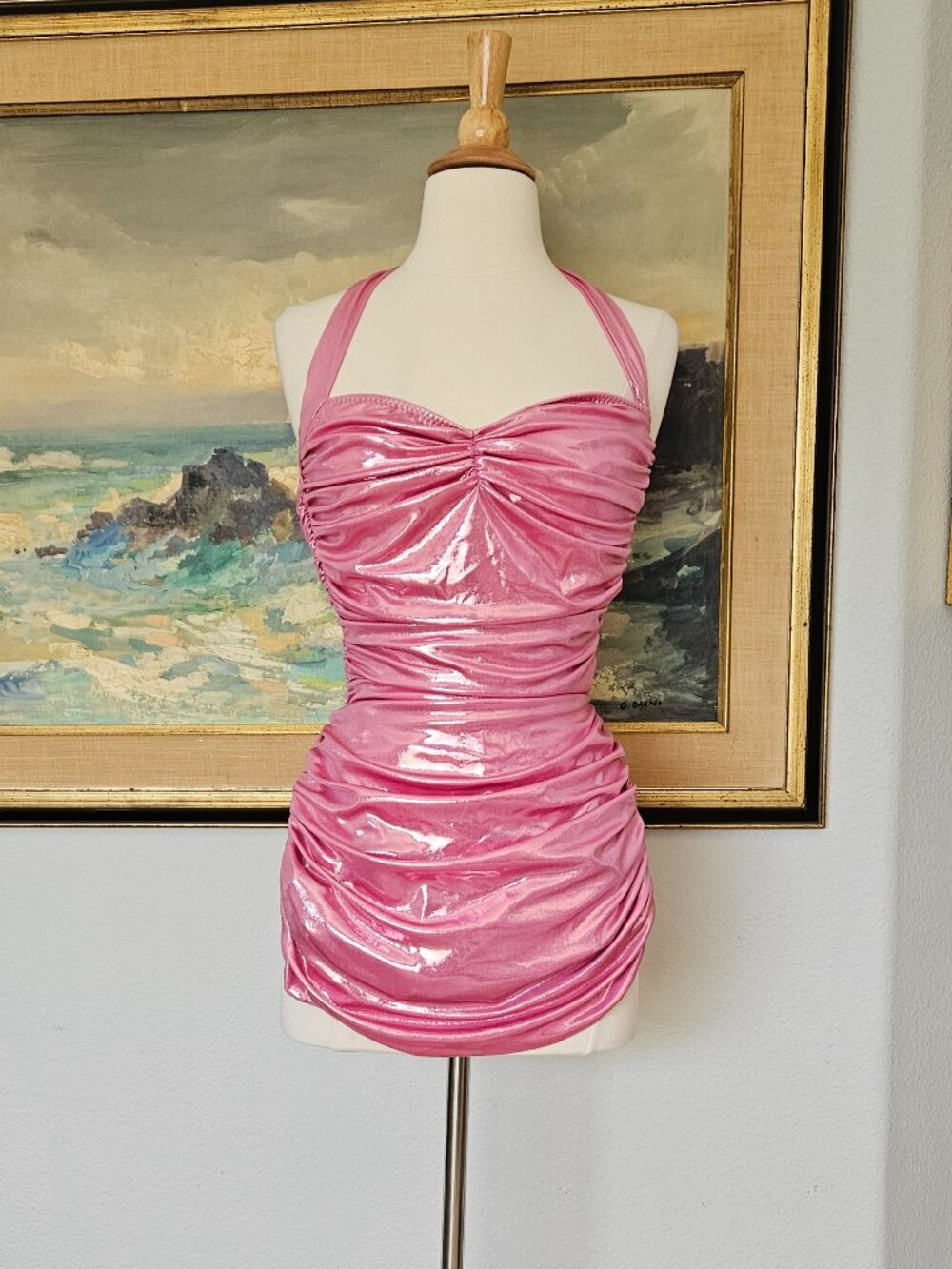 Norma Kamali Pink Metallic Vintage Style One Piece Bathing Suit Pinup Swimsuit
